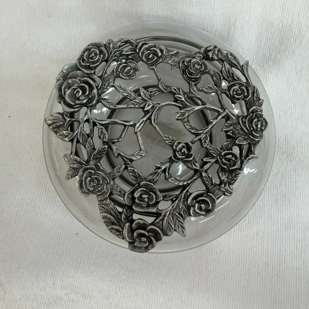 Vintage Pewter & Glass Trinket Potpourri Dish With 3D Roses & Leaves